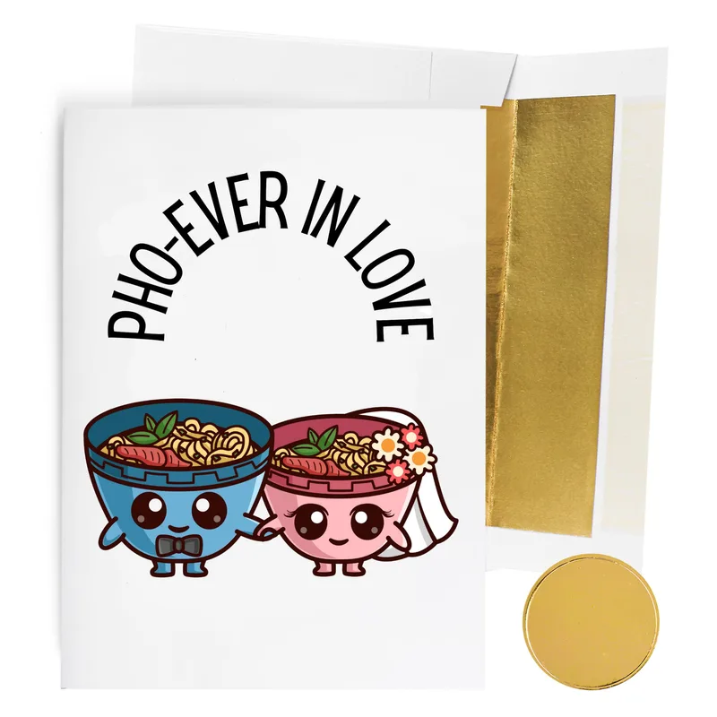 Pho Lovers Wedding Card – Cartoon noodle bowls under the words PHO-EVER IN LOVE – Greeting Card in black