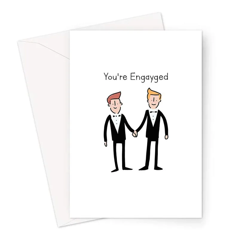 Gay Engagement Card with Two Grooms Holding Hands