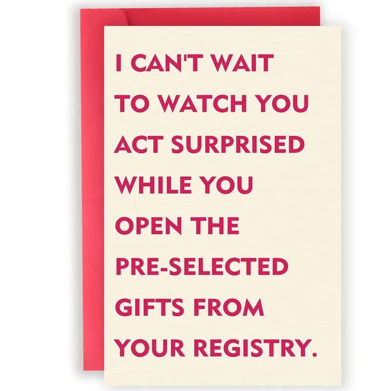 Registry Joke Card – Red bold capitals on cream: can’t wait to watch you act surprised – Greeting Card in black