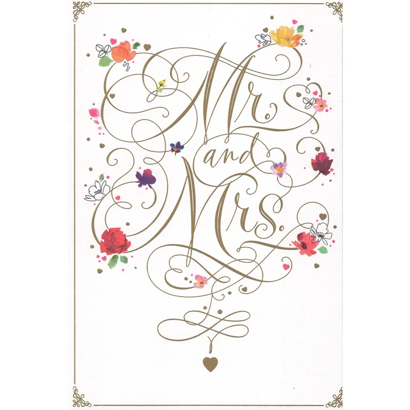Just Married Couple Card: Gold Script Mr and Mrs Wedding Card