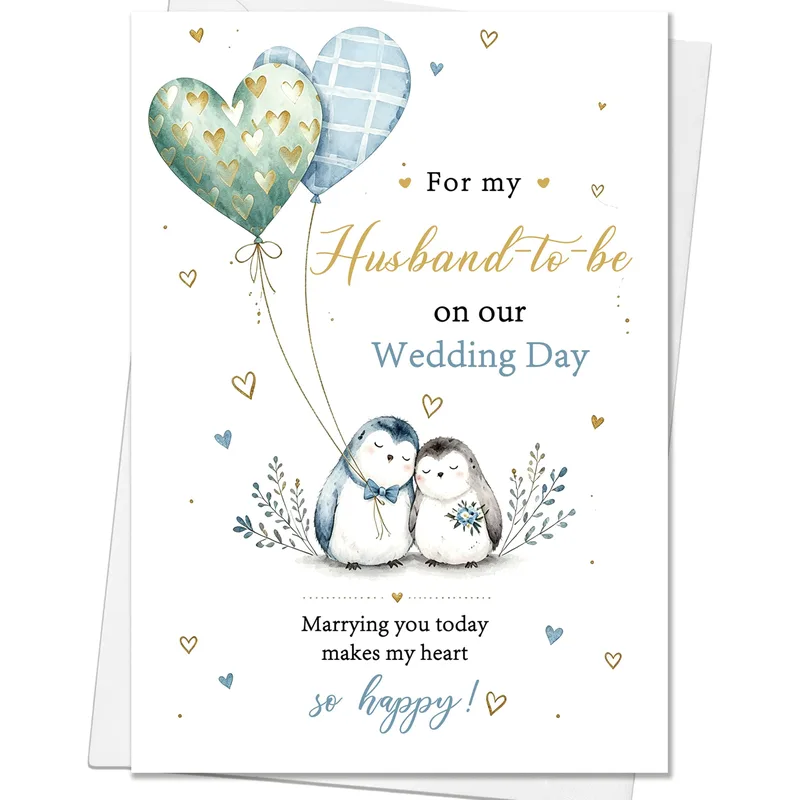 Husband to Be Wedding Card: Penguins and Balloons