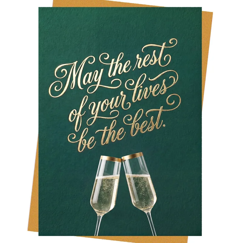 Newlyweds Champagne Card: Gold Script on Green