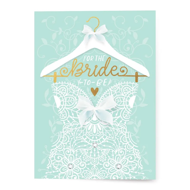 For The Bride To-be Card: Mint Lace Gown on a Hanger