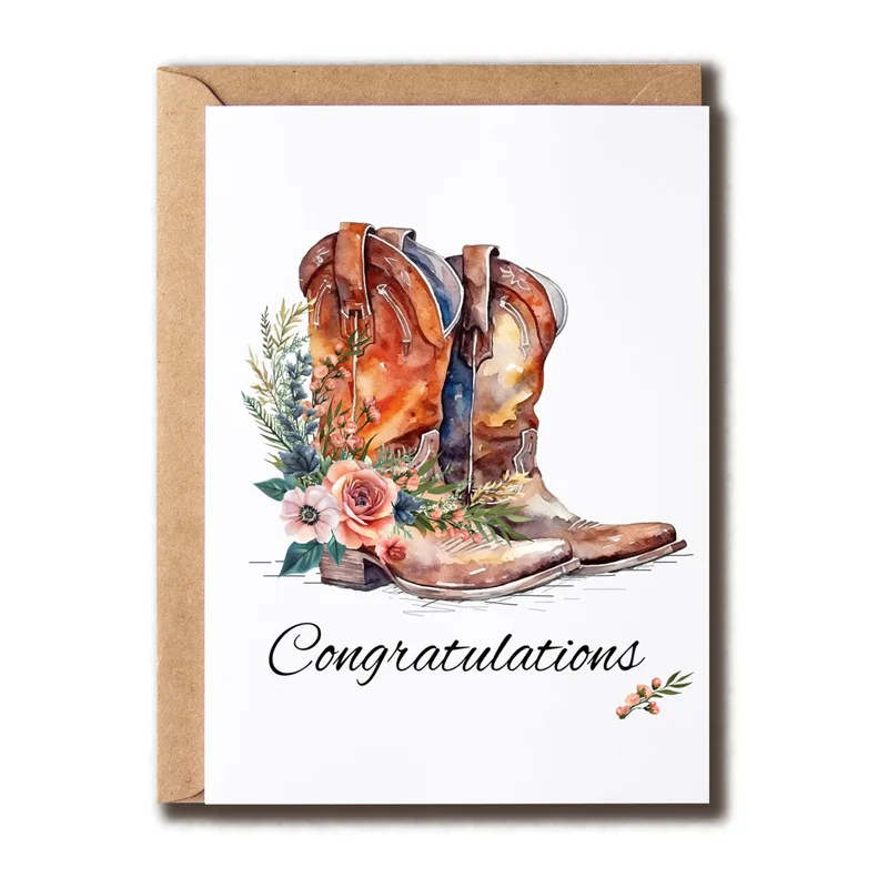 Cowboy Boots Congratulations Card with Watercolor Florals