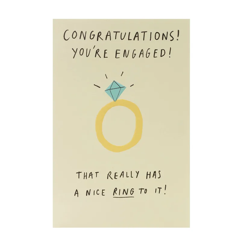 Engaged Pun Card – Yellow ring with diamond and printed congratulations pun – Greeting Card in black