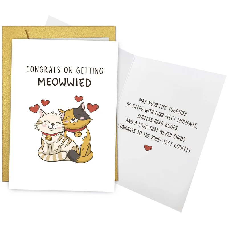 Cat Wedding Congrats Card: Two Cats Cuddling Under Hearts