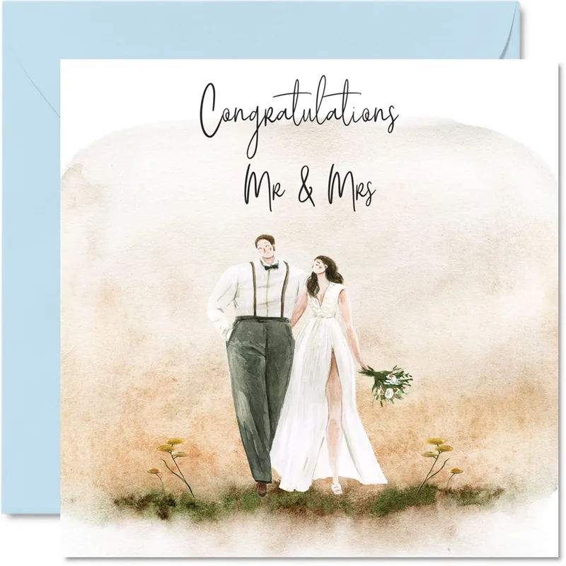 Congratulations Mr Mrs Card: Watercolor Bride and Groom