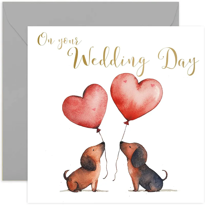 Dachshund Wedding Card: Two Dogs and Heart Balloons