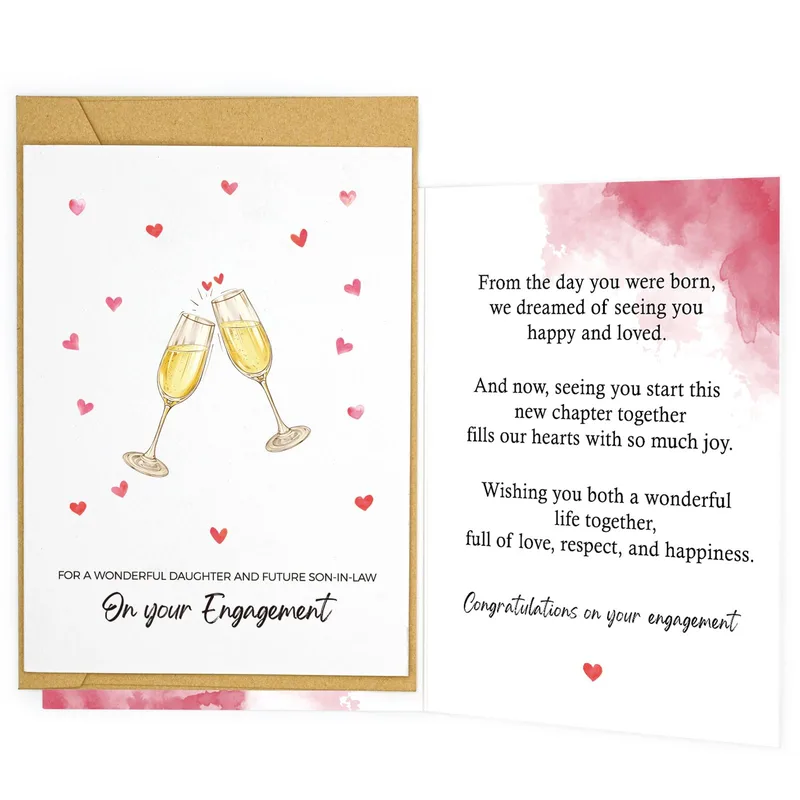 Daughter Engagement Card – Champagne toast with pink hearts and On your Engagement text – Greeting Card in black
