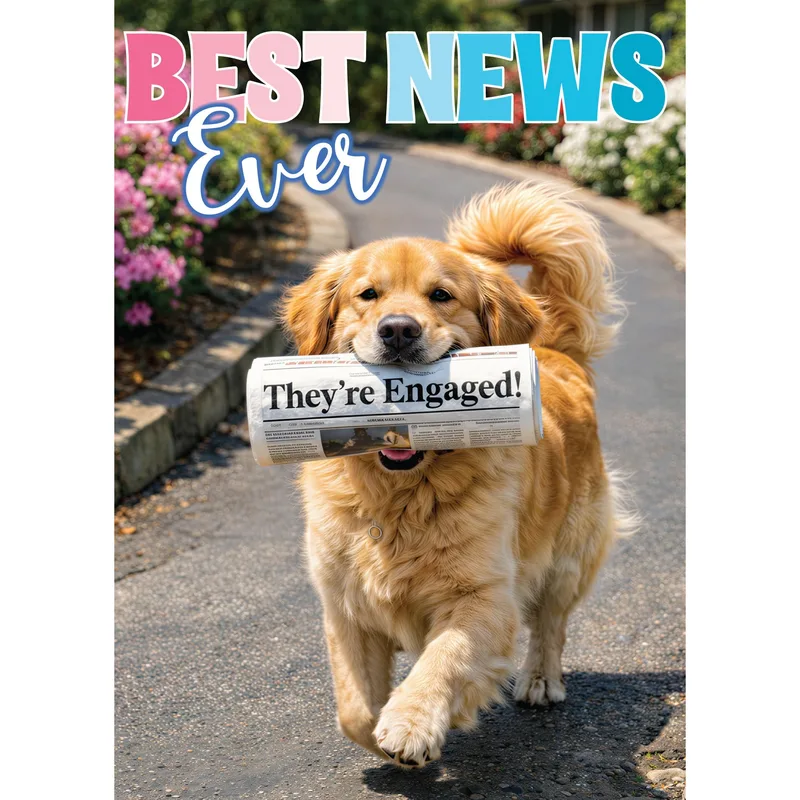 Engagement News Card: a golden retriever with the news
