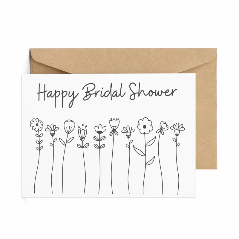 Happy Bridal Shower Card – Happy Bridal Shower in handwritten script above line art flowers – Greeting Card in black