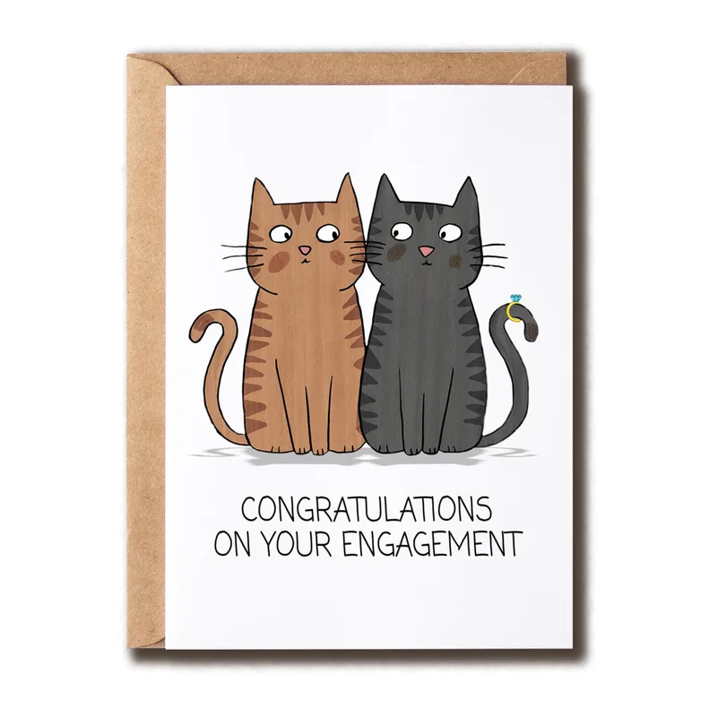 Cat Couple Engagement Card with a Ring-Tail Twist