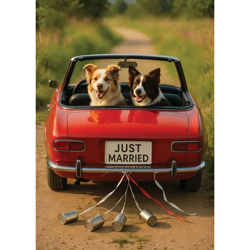 Newlywed Dogs Card: Just Married Pups in a Red Convertible