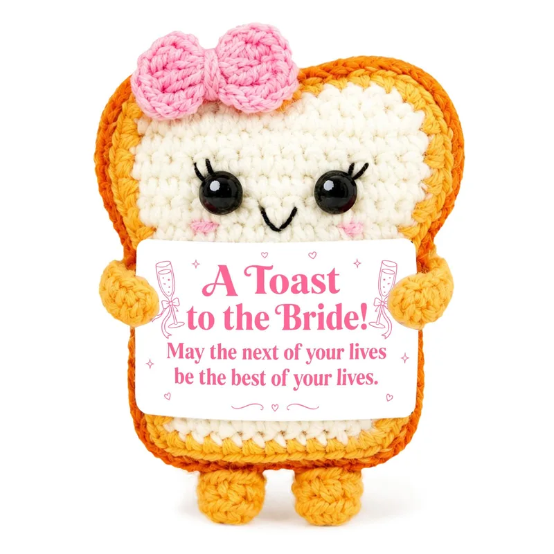 Bride Toast Card: Crocheted Bread Character Holding a Wedding Sign