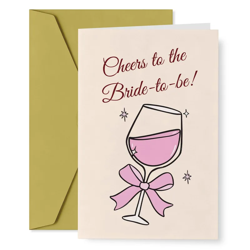 Bridal Shower Wine Card – Pink wine glass with bow and the words Cheers to the Bride-to-be – Greeting Card in black
