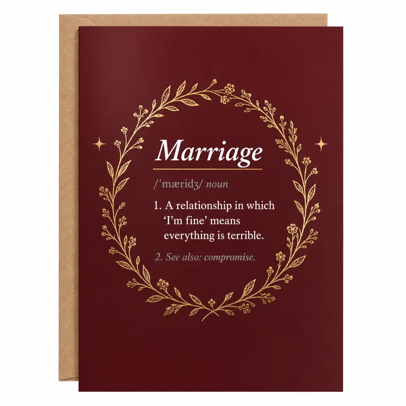 Funny Marriage Card – Dictionary definition of marriage inside a gold wreath – Greeting Card in black