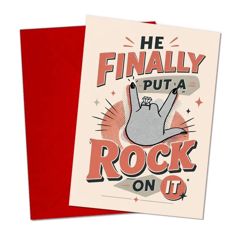 He Finally Put Card: Retro Rock Hand Sign Engagement Card