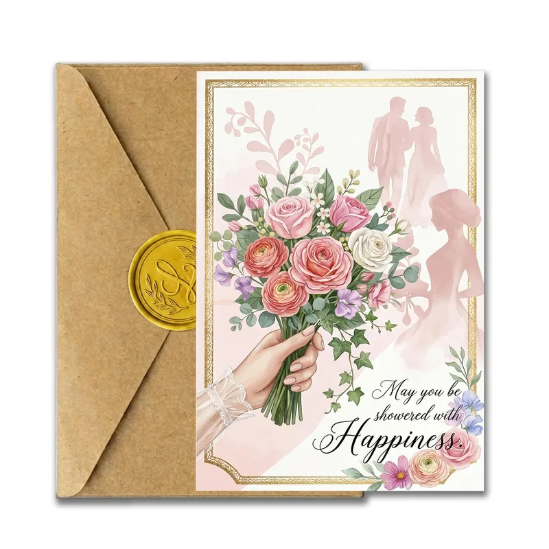 Pink Floral Bouquet Card: Happiness Wishes for the Bride