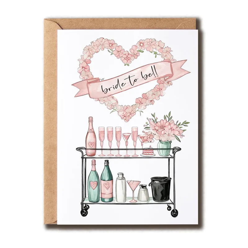 Pink Watercolor Bar Cart Card for the Bride-to-Be