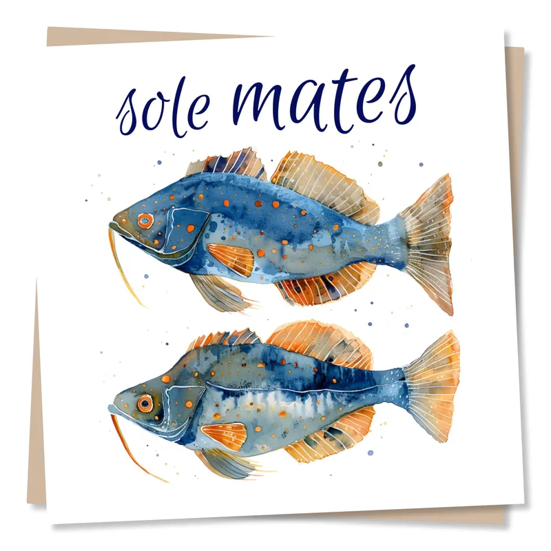 Sole Mates Card: Two Blue Watercolor Fish for Couples