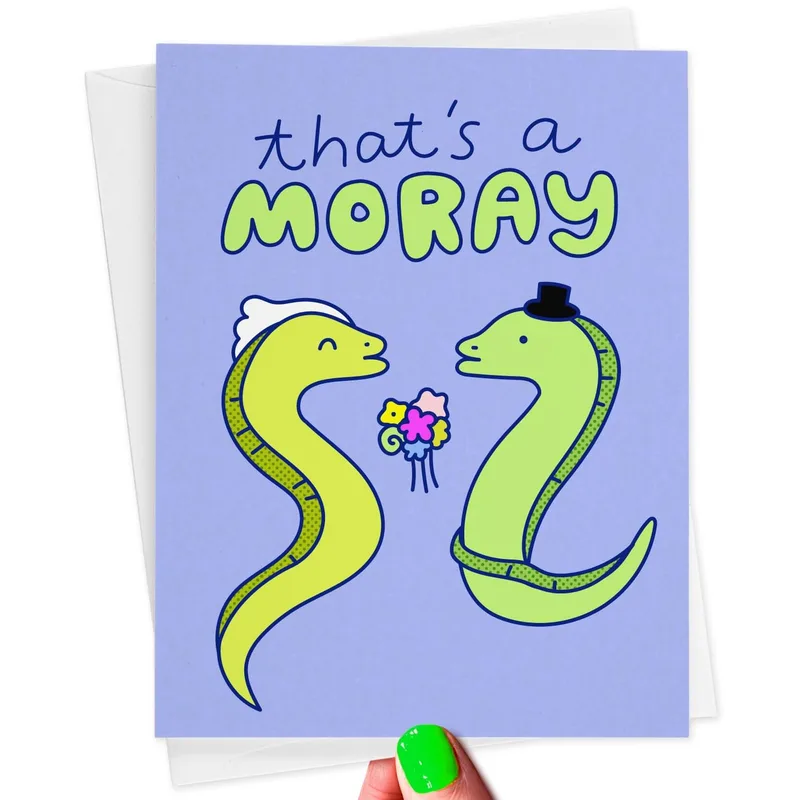 Moray Eel Wedding Card – Cartoon eels with veil and top hat, text reads that’s a MORAY – Greeting Card in black
