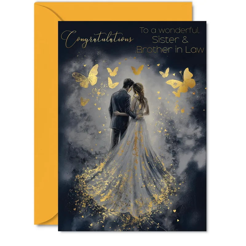 Newlywed Sister Card: Gold Butterflies Wedding Greeting for Sibling