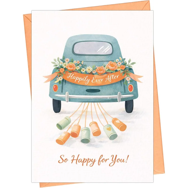 Car Floral Arrangement Wedding Card featuring a retro blue car adorned