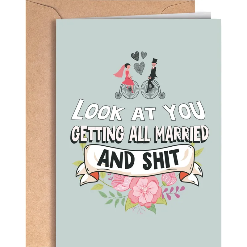 Couple Floral Banner Wedding Card featuring a bicycle bride