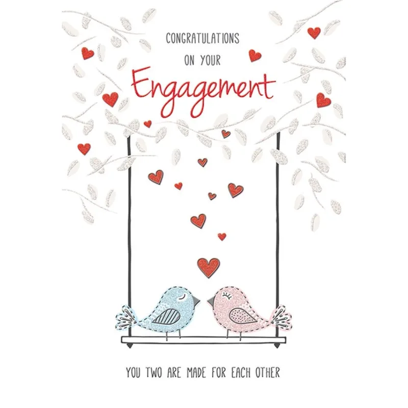 Birds Swing Hearts Engagement Card features stitched blue