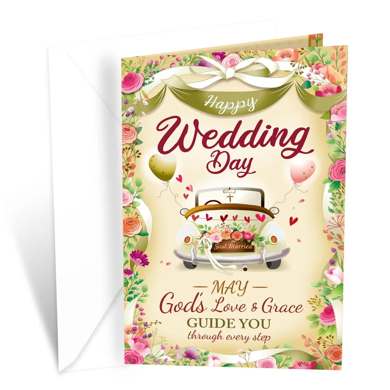 Floral Car Blessing Wedding Card: A Religious Greeting for Newlyweds