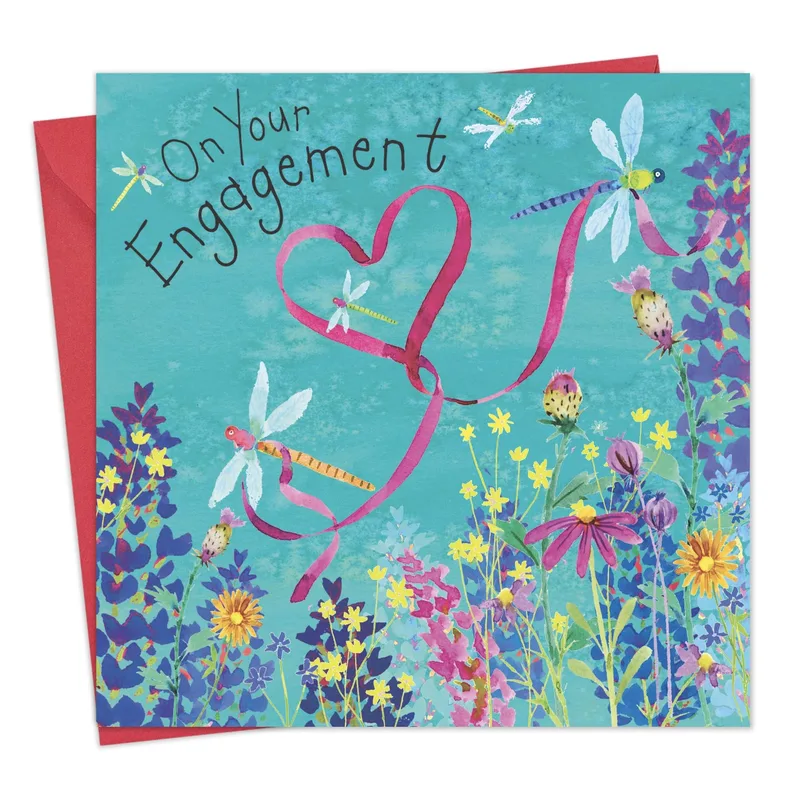 Teal Floral Dragonflies Engagement Card – Greeting Card in natural