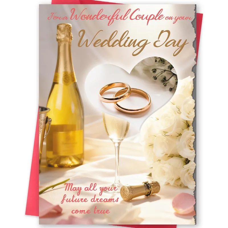 Bottle Gold Rings Wedding Card featuring champagne gold bands