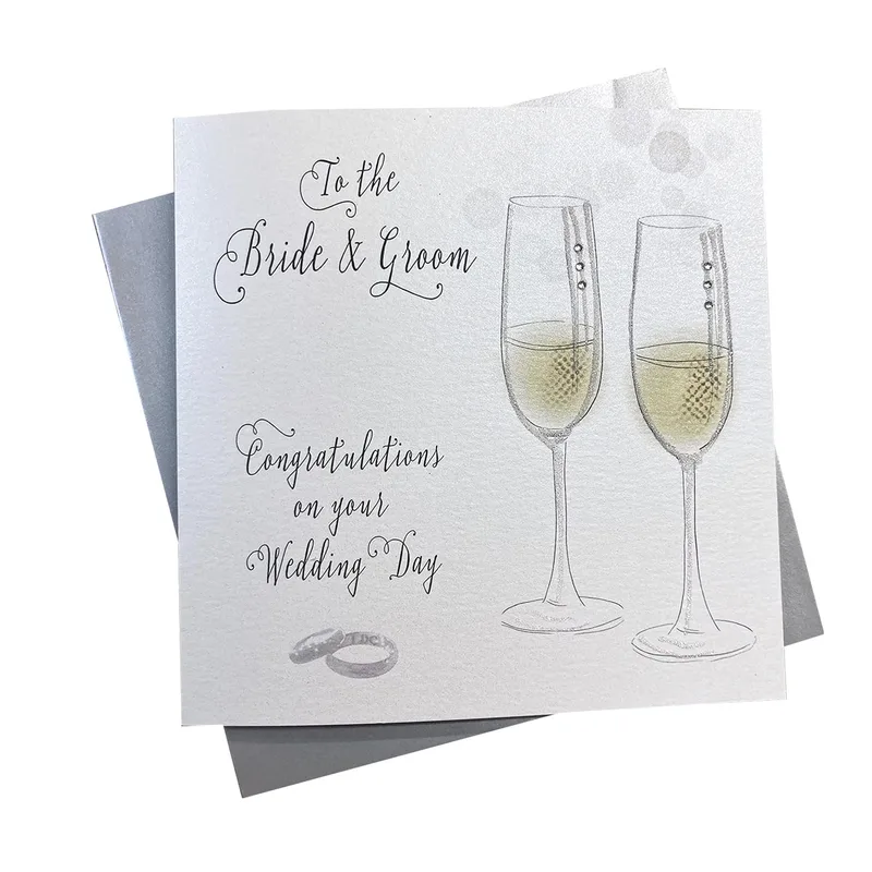 Flutes Silver Rings Wedding Card Celebrating the Couple