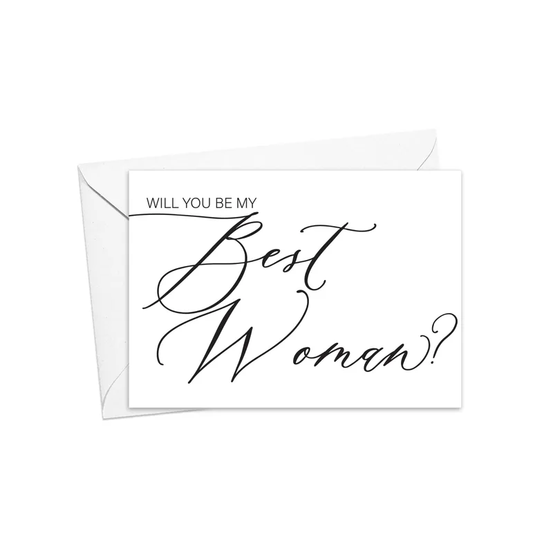 Black Script on White Card: Will You Be My Best Woman