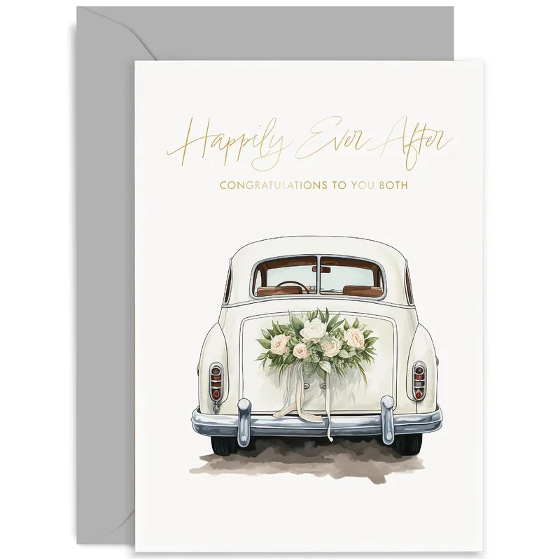 White Car Florals Wedding Card Celebrating Newlyweds