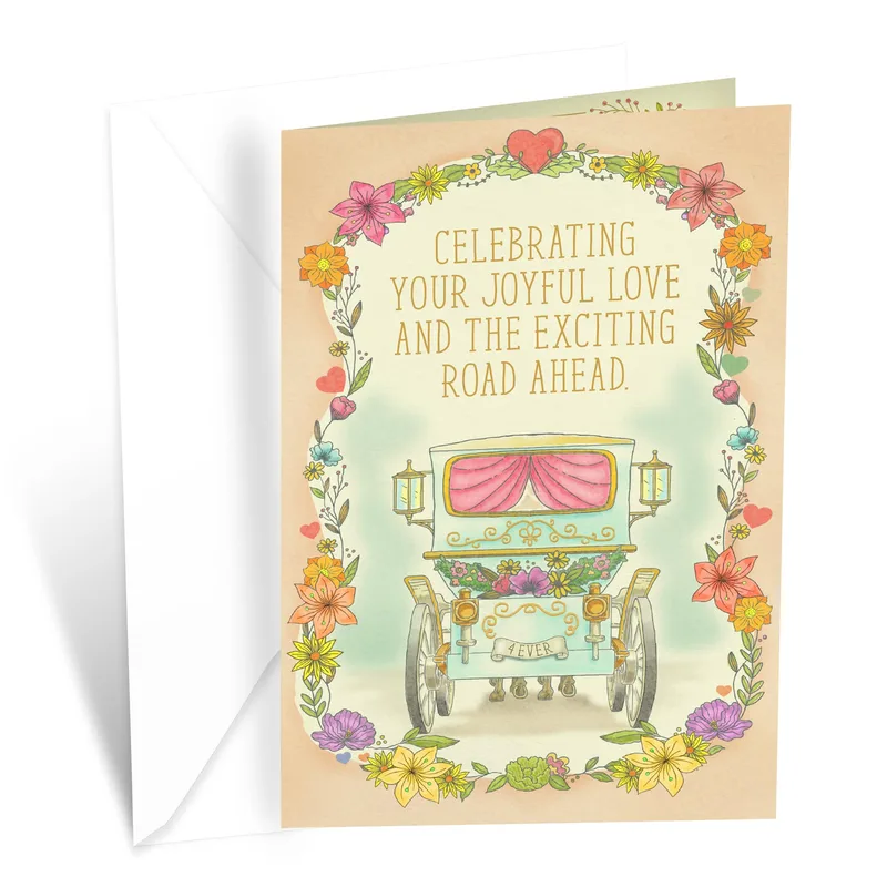 Carriage Floral Border Wedding Card Celebrating Joyful Love