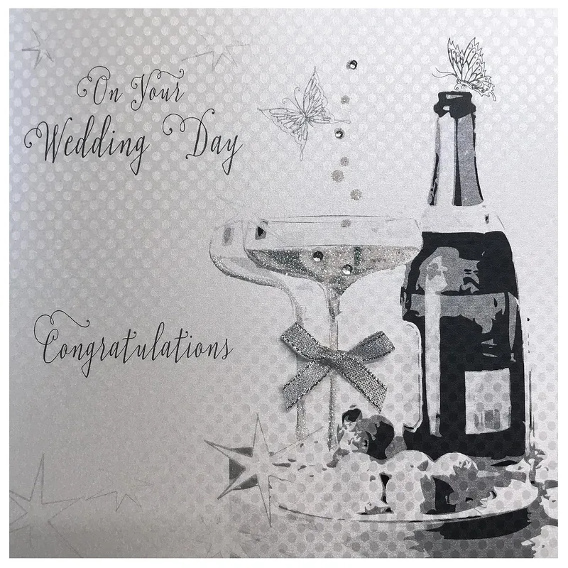 Champagne Bottle Gray Wedding Card Celebrating a Couple's Big Day