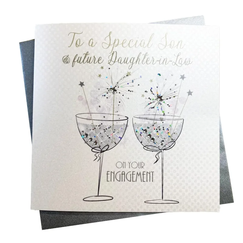 Champagne Glasses Sparkle Engagement Card features two