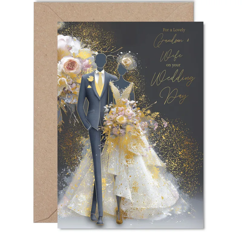 Grandson & Wife Card – Elegant bride and groom silhouettes in navy and gold with floral accents – Greeting Card in natural