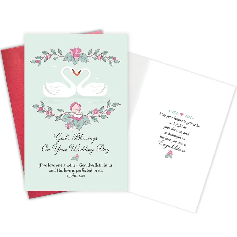 Swans Floral Wreath Wedding Card for a Faith-Based Marriage Blessing