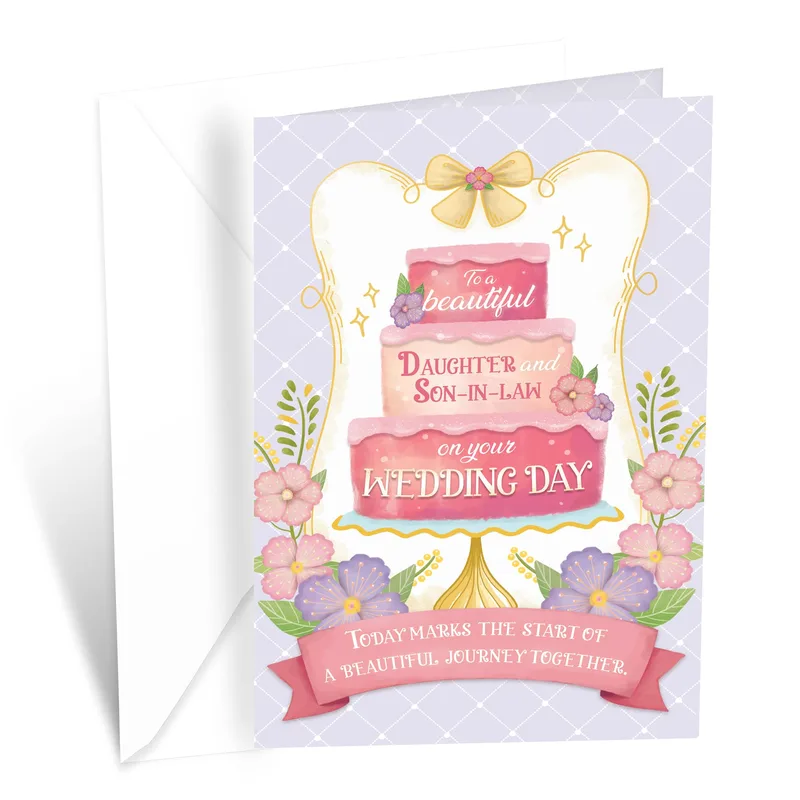 Lilac Cake Floral Wedding Card – Pink tiered wedding cake with purple flowers and gold bow frame – Greeting Card in natural