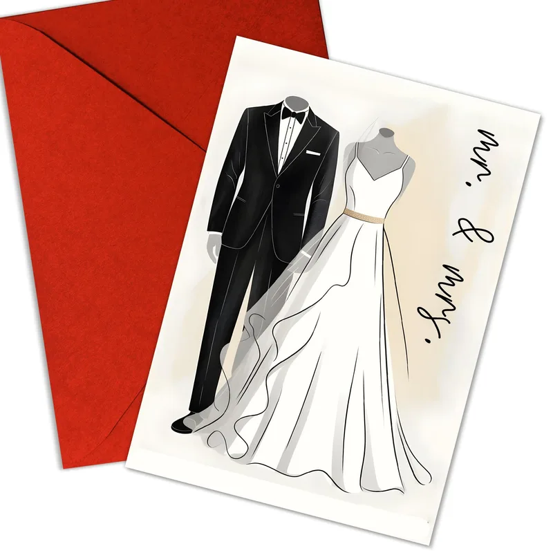 Tuxedo Wedding Dress Illustration Card: Mr. & Mrs. Greeting