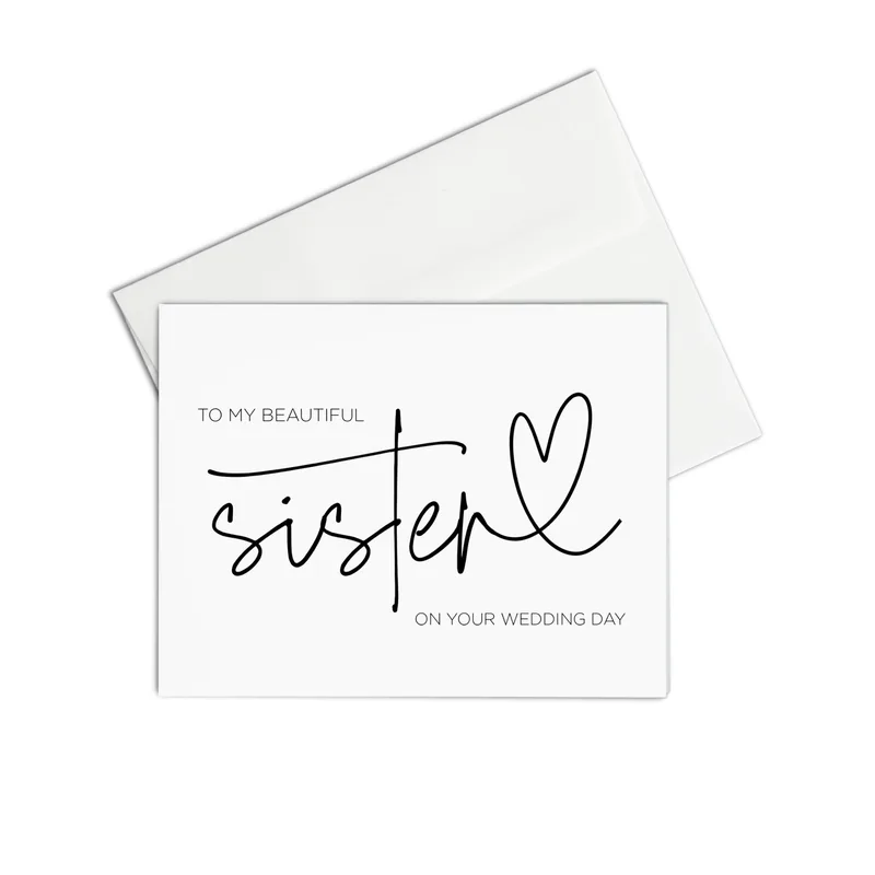 Minimal Script Heart White Card for Sister Wedding Day