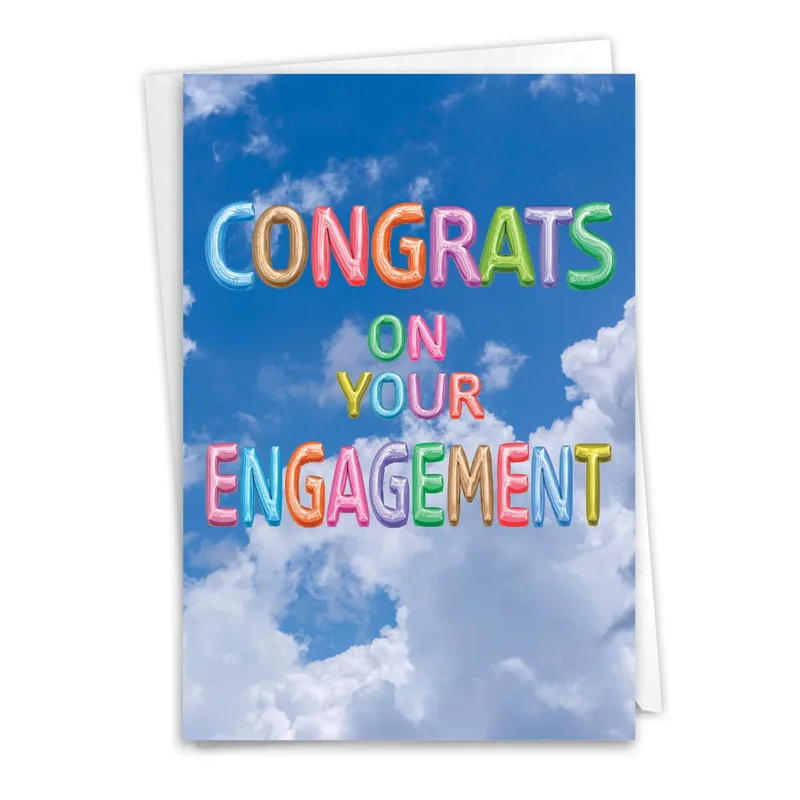 Letters Blue Sky Engagement Card features rainbow balloon