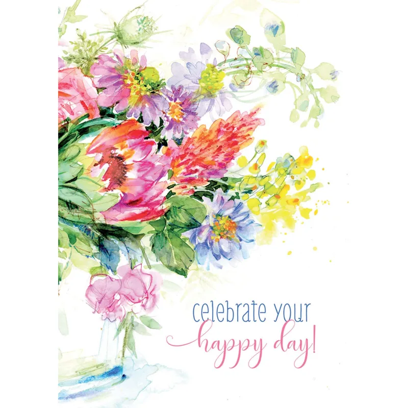 Celebrate Your Happy Day Card Watercolor Bouquet Wedding Greeting