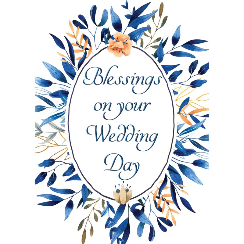 Blue Leaves Oval Wedding Card: Blessings on Your Wedding Day Design