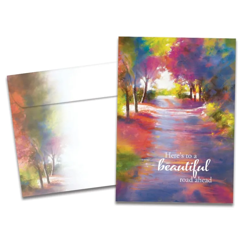 Colorful Watercolor Forest Path Card: A Serene Wedding Blessing