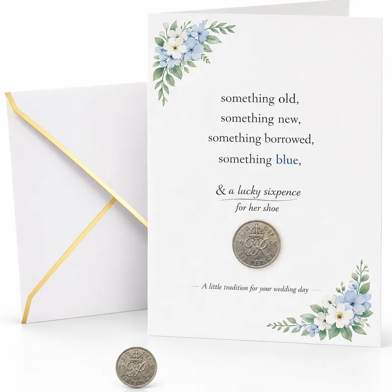 Sixpence Coin Card Wedding Card featuring a traditional rhyme