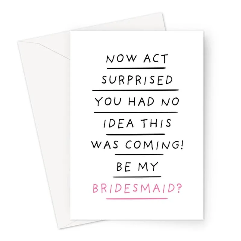 Black Pink Accent Wedding Card: Funny Bridesmaid Proposal Design