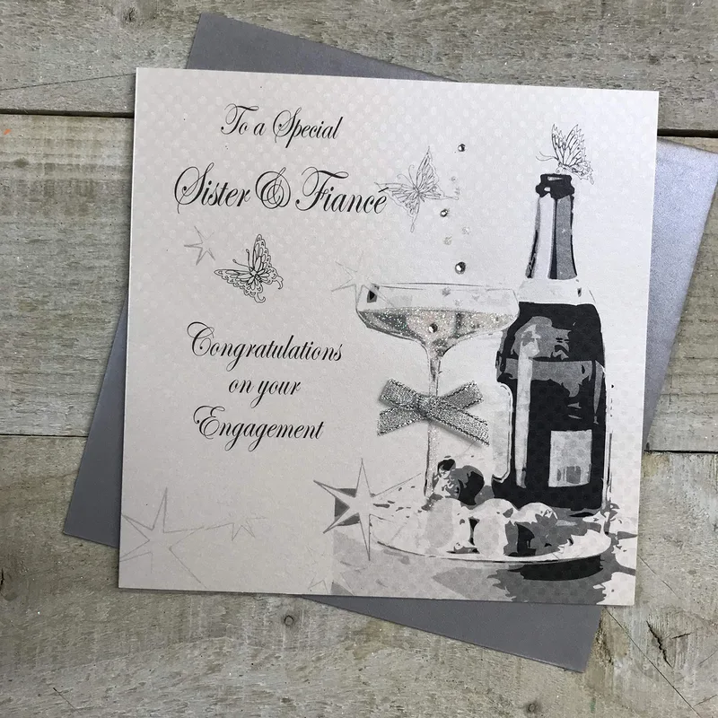White Champagne Bottle Engagement Card for Sister and Fiancee